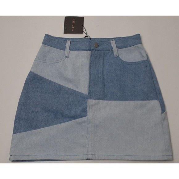 NWT! Le Lis Collection Medium/Light Blue Patchwork Denim A Line Skirt Size Small - Picture 1 of 5